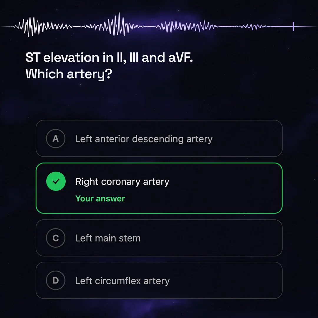 From the film: a spoken question, ST elevation in II, III and aVF, which artery? Right coronary artery is chosen and marked correct.