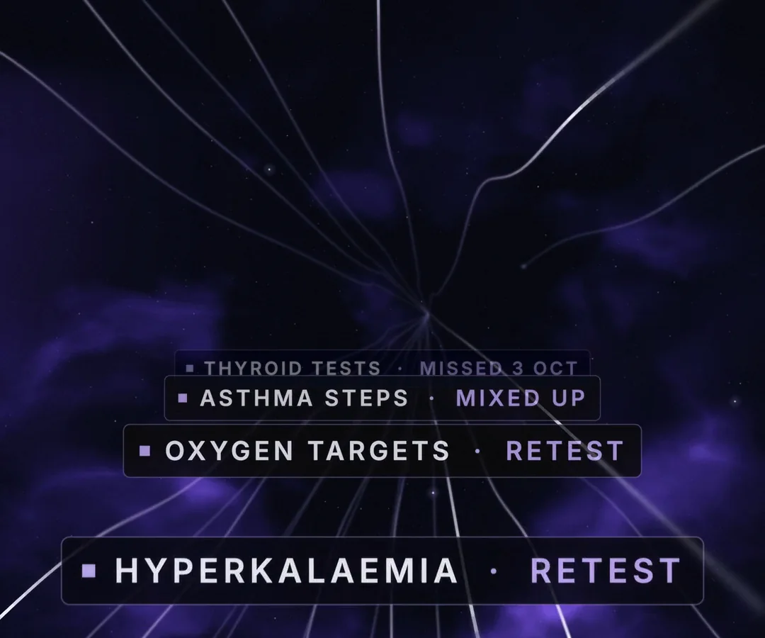 From the film: topic tags flying past, among them Hyperkalaemia, retest; Murmur timing, mixed up; Oxygen targets, retest.